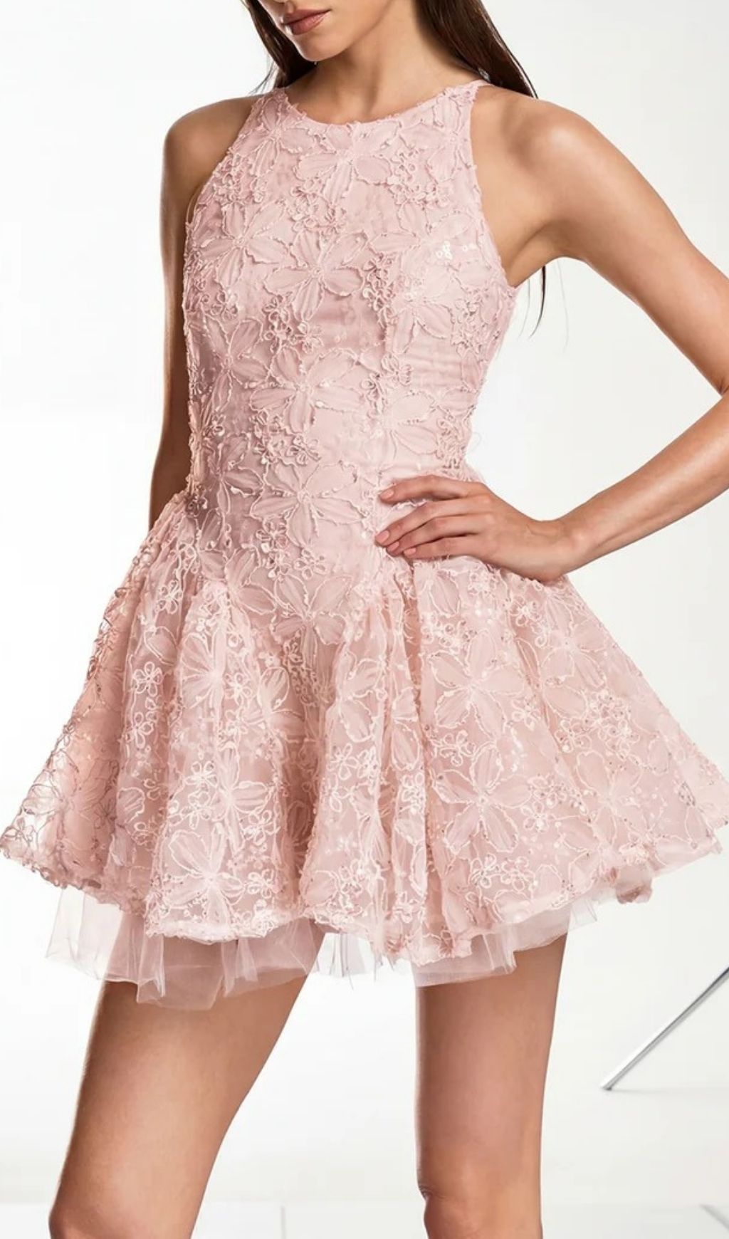 Katsumi Pink Halter Lace Flower Mini Dress Flowering Girl