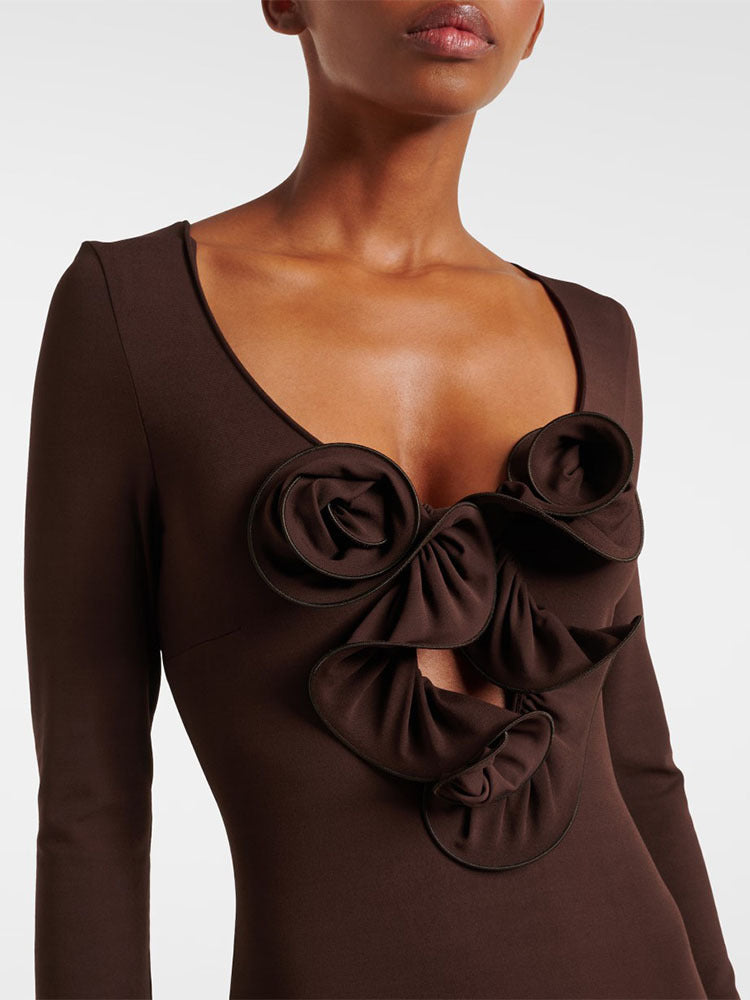 Floral-appliqué jersey maxi dress in brown Flowering Girl