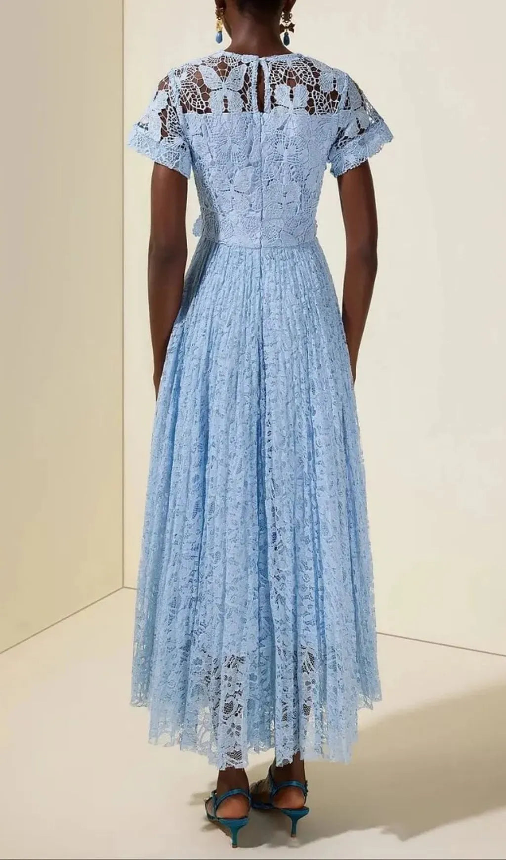 Selena Lace Butterfly Pleated Midi Dress - Blue Flowering Girl