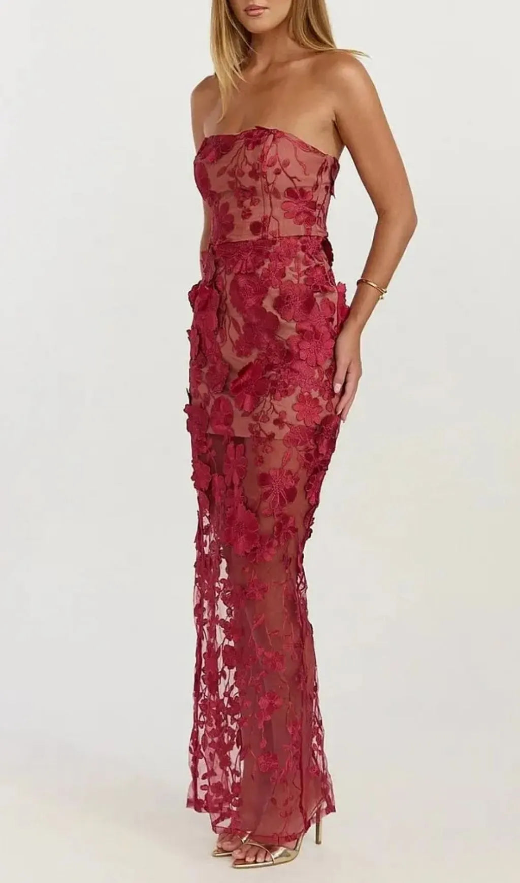 Strapless 3D Floral Mesh Maxi Dress Flowering Girl