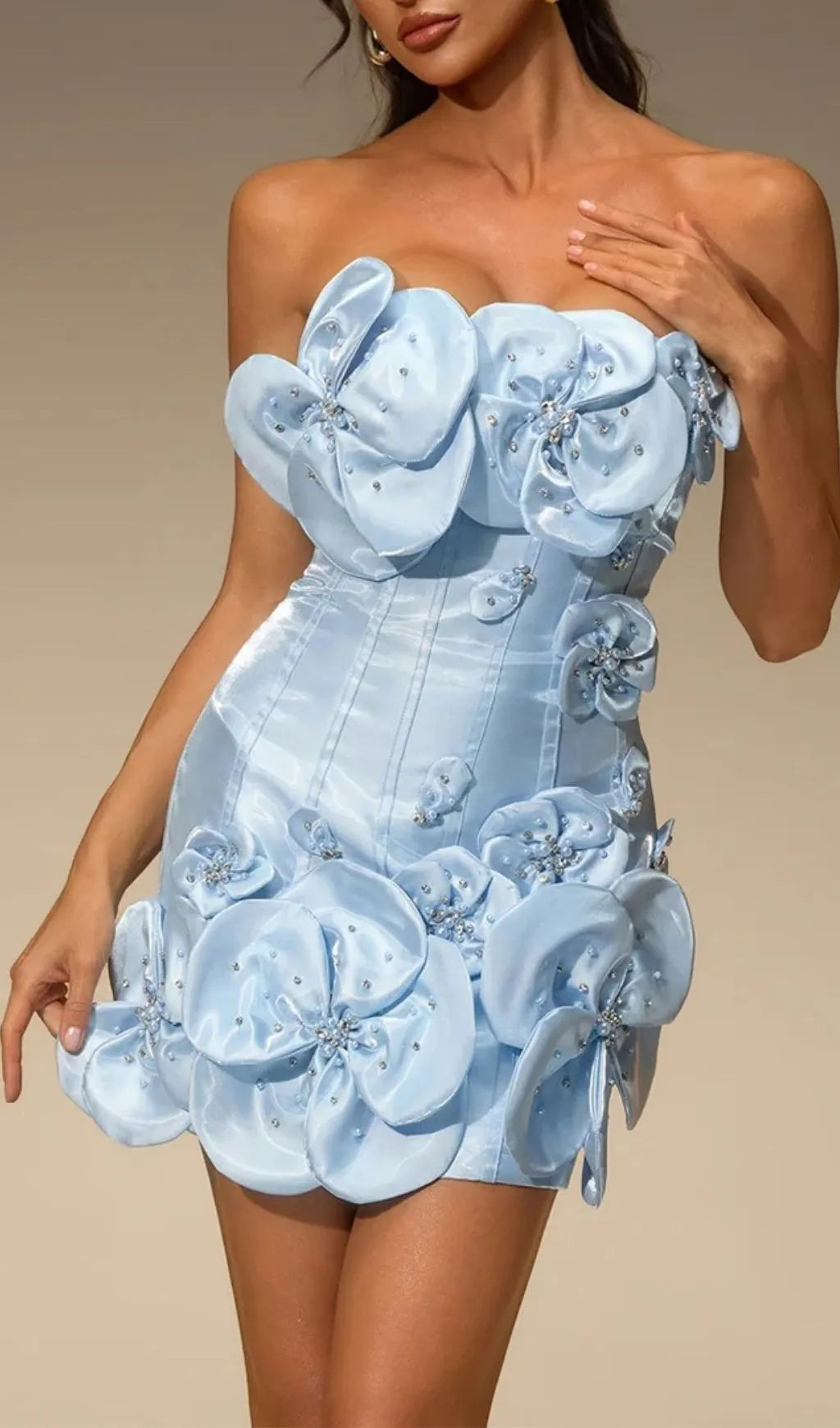 Ultharic Strapless Flower Rhinestone Mini Dress In Baby Blue Flowering Girl