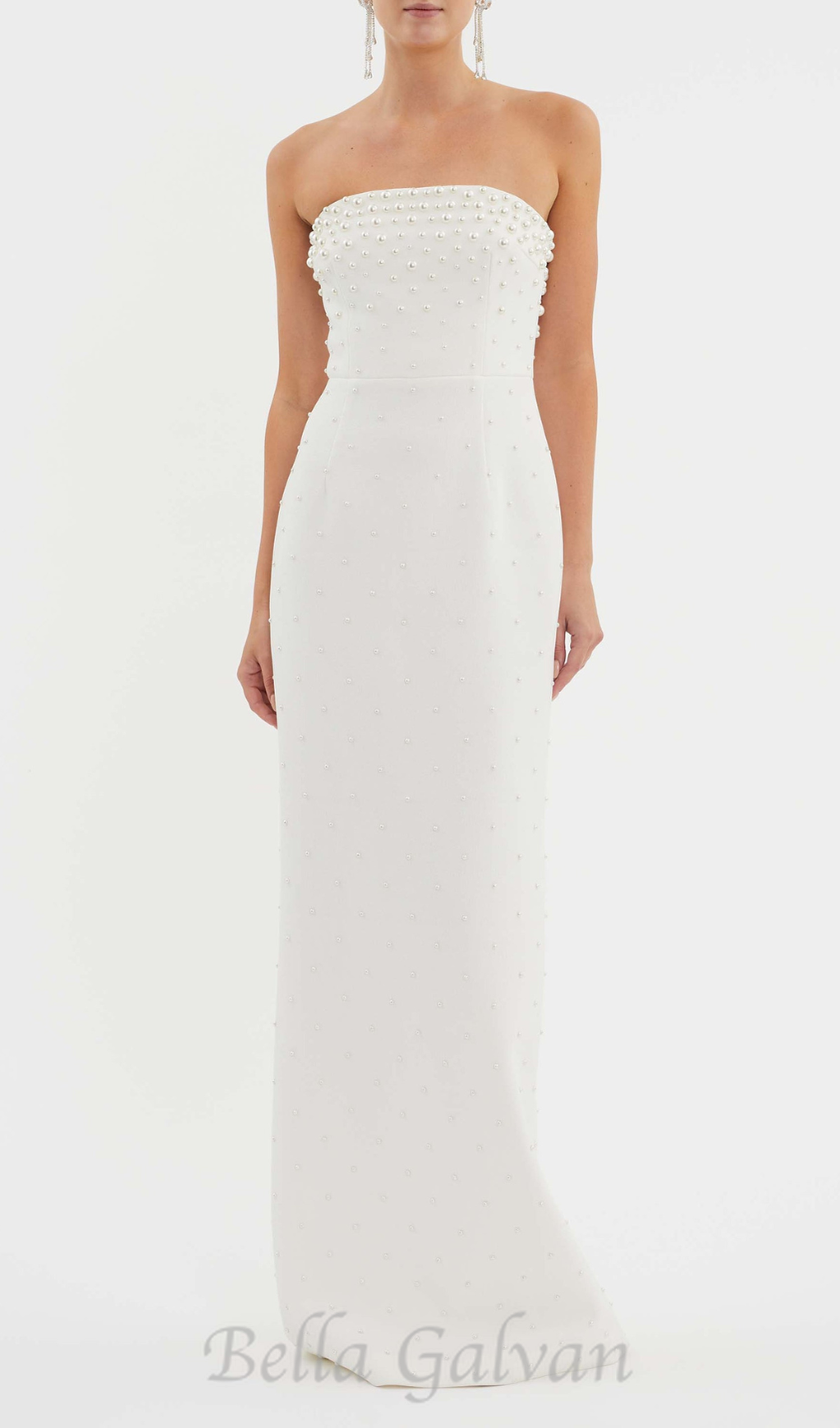 pearl-embellished strapless gown in white Flowering Girl