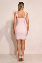 Pink 3D Floral Pearl Strapless Bodycon Mini Dress Flowering Girl