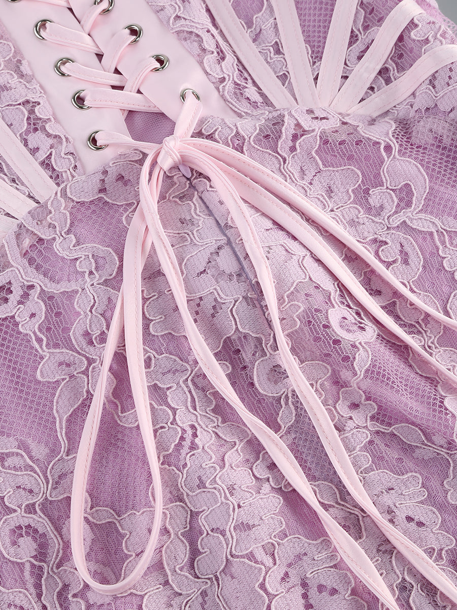 Kellie Strapless Lace Appliques Mini Dress In Light Purple Flowering Girl