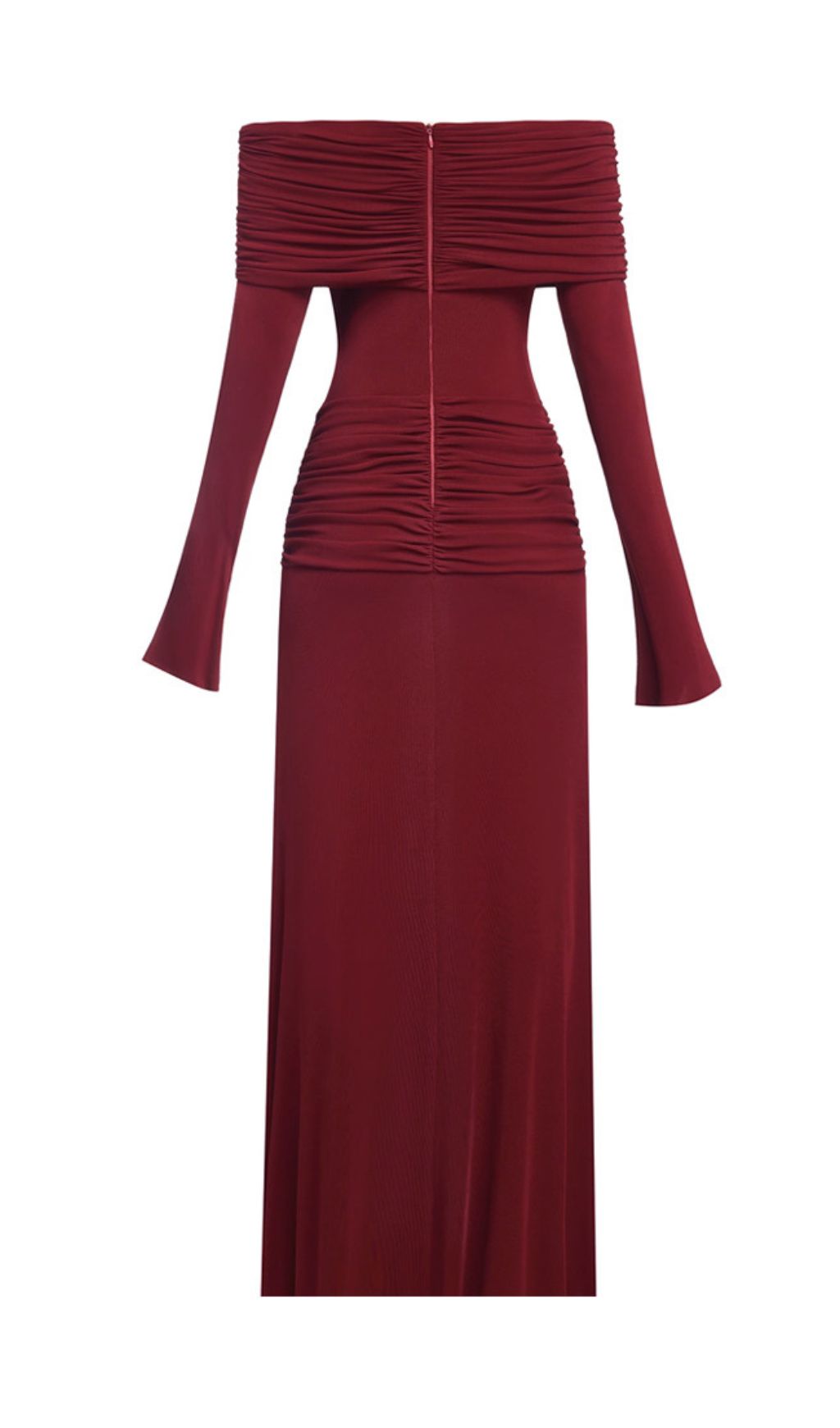 Gala Wine Off-Shoulder Ruched Long Sleeve Maxi Dress Flowering Girl