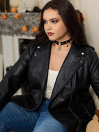 Lapel Collar Asymmetric Zipper Pocket Biker Jacket Flowering Girl