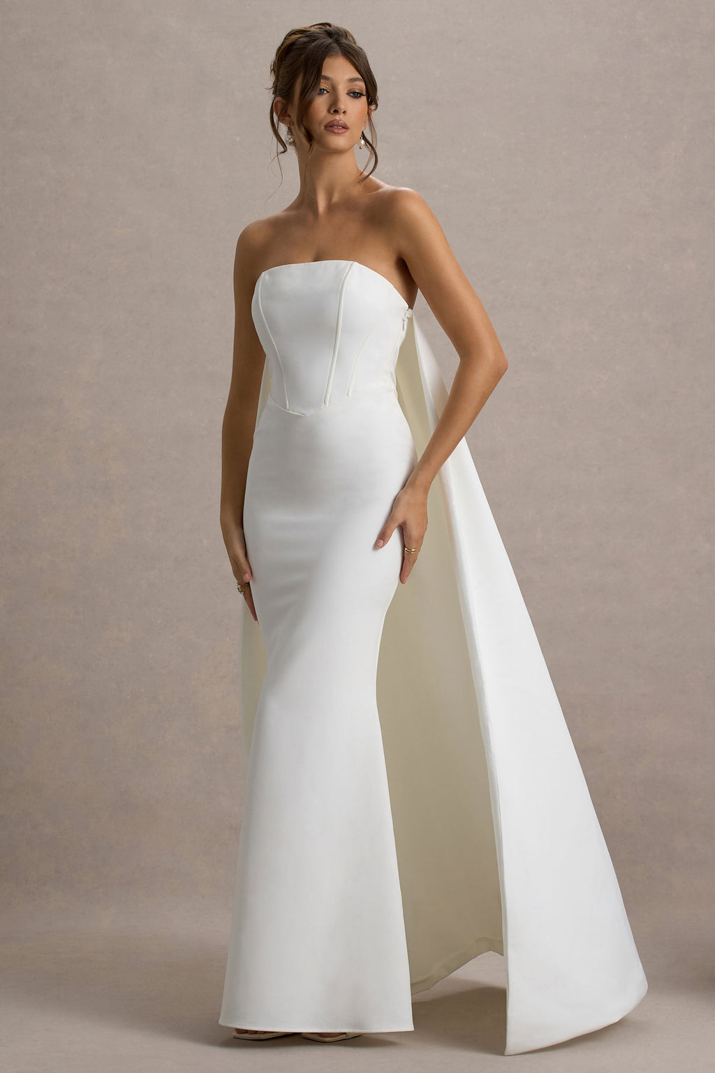 She's Trouble | White Bandeau Maxi Dress With Cape Flowering Girl