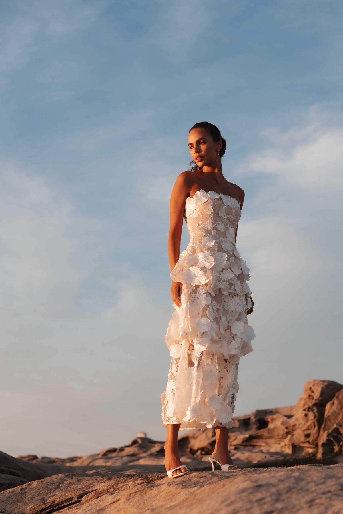 Selene 3D Flower Tiered Maxi Dress In White Flowering Girl
