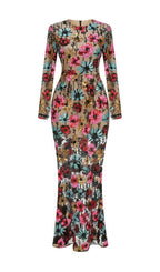 Kaoru Sequin Flower Mesh Long Sleeve Maxi Dress Flowering Girl
