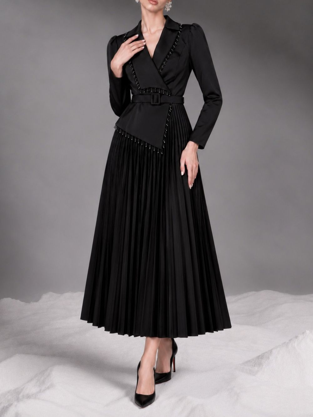 Moana Black Long Sleeve Pleated Maxi Dress Flowering Girl