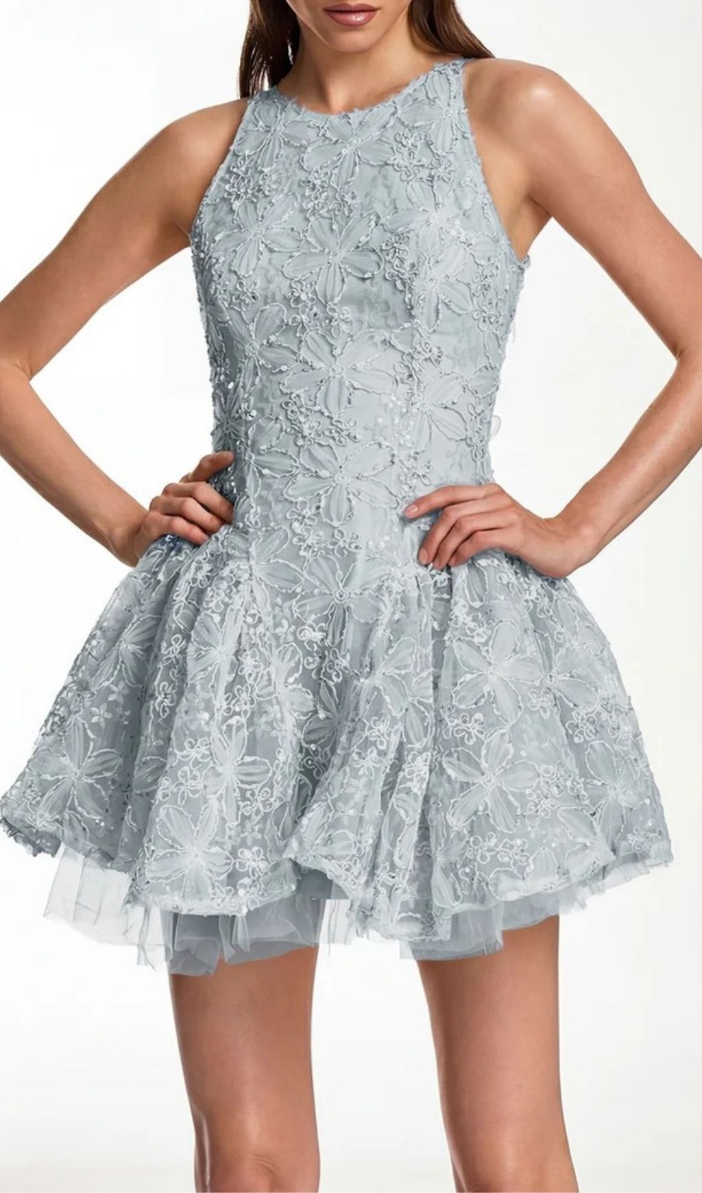 Katsumi Blue Halter Lace Flower Mini Dress Flowering Girl