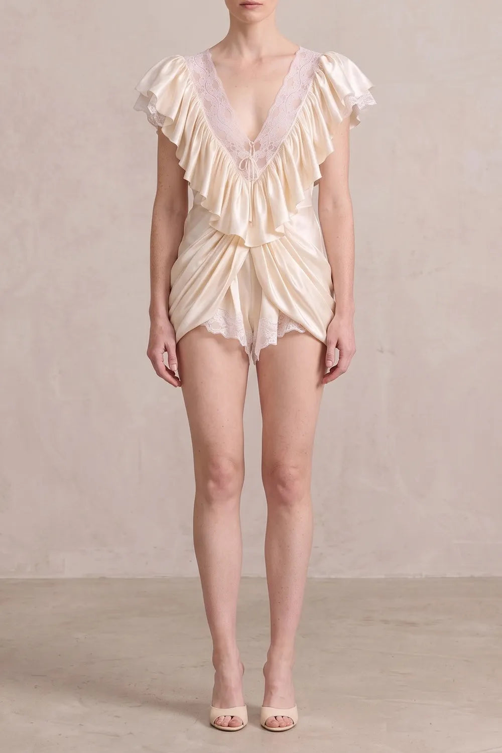 Lace V-Neck Ruffle Satin Mini Romper Flowering Girl