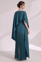 Teal Matte Crepe Column Evening Gown with Asymmetrical Cape Overlay Flowering Girl