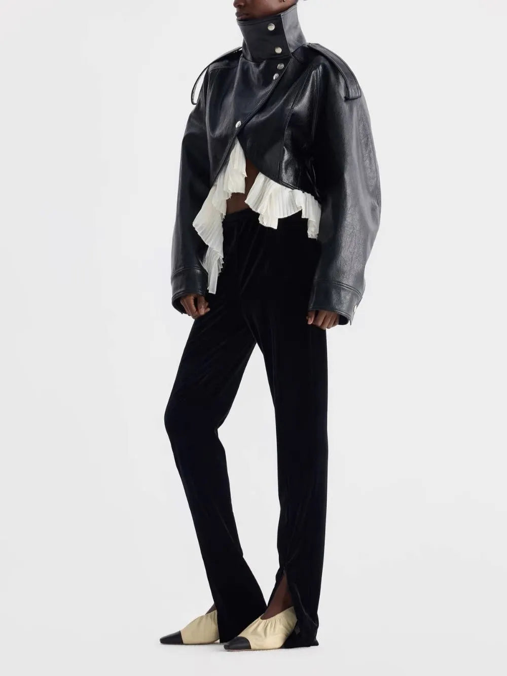 Maysa Black PU Leather Ruffle Jacket Flowering Girl