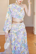 Dolores French-Style Printed Off-Shoulder Single-Sleeve Slit Mini Dress Flowering Girl