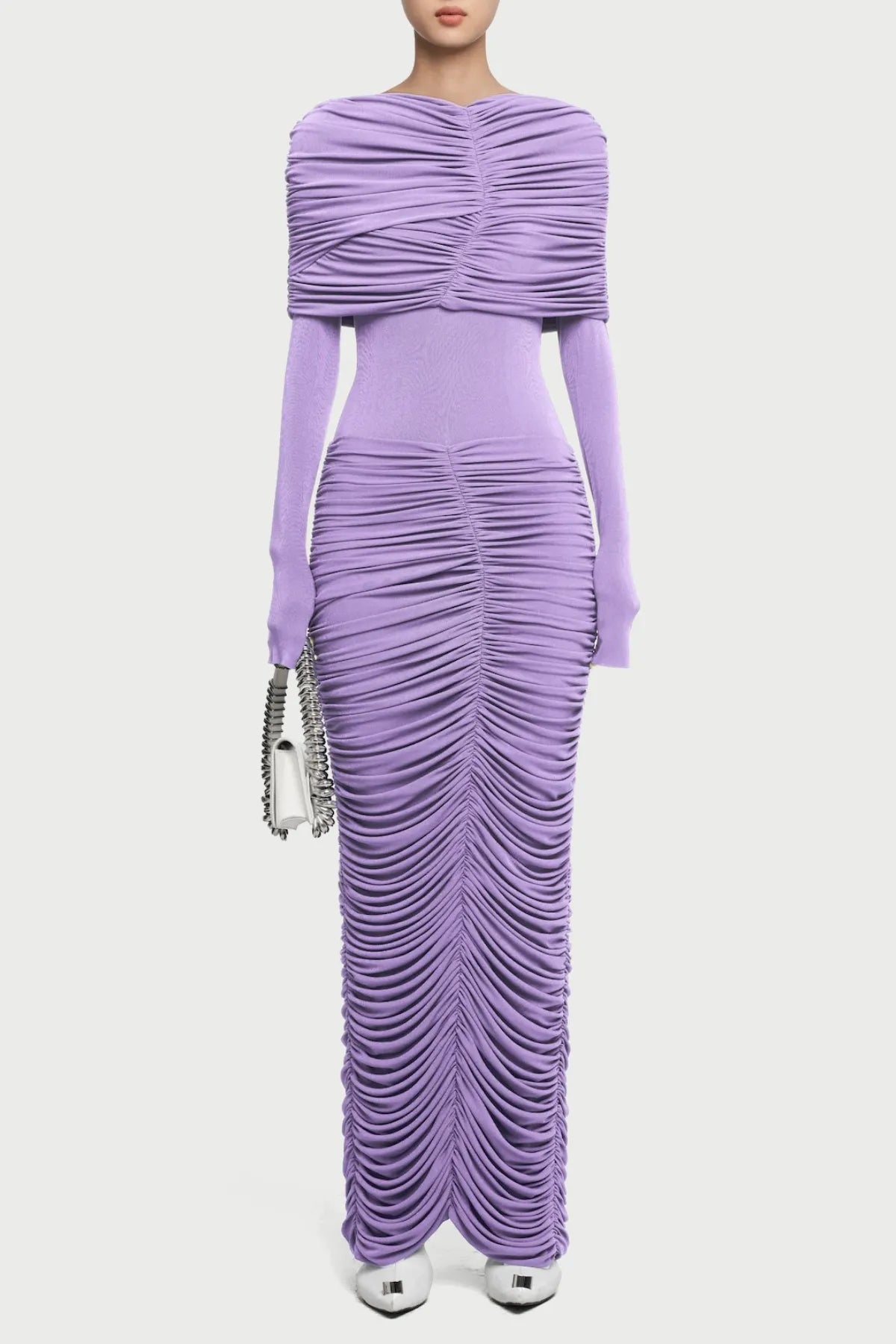 Alice Purple Pleated Form-Fitting Maxi Dress With Asymmetrical Draped Shoulder Flowering Girl