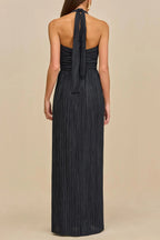 Bonnie Halter Pleated Cutout Maxi Dress In Navy Blue Flowering Girl