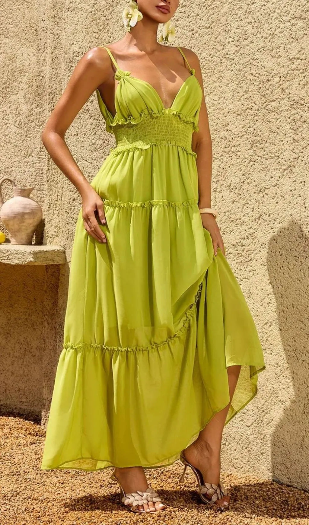 Saelvion Spaghetti Maxi Dress In Chartreuse Flowering Girl