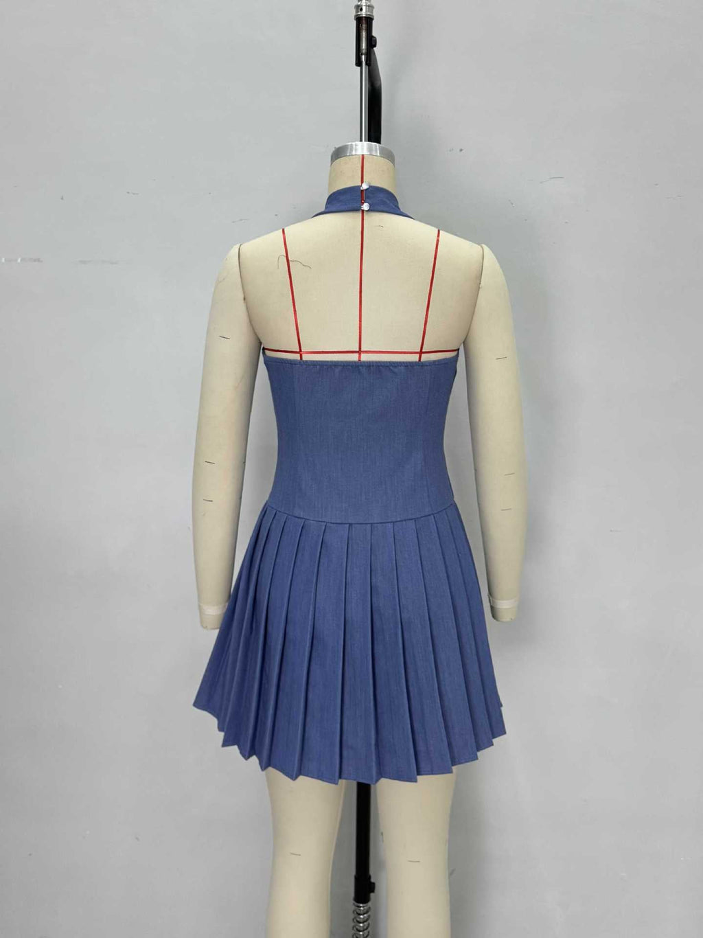 Light Denim Halter Square Neck Gold Button Pleated Mini Dress Flowering Girl