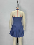Light Denim Halter Square Neck Gold Button Pleated Mini Dress Flowering Girl