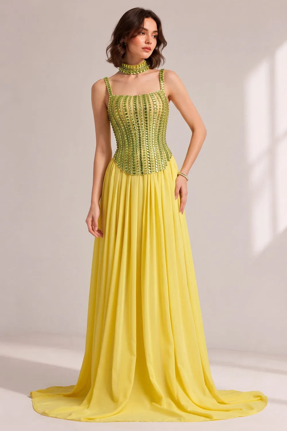 Lime Green Rhinestone Spaghetti Strap Choker Neck Pleated Chiffon Train Evening Gown Flowering Girl