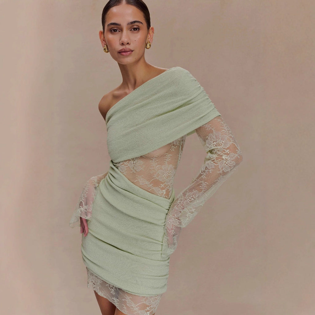 Matcha Lace Strapless Spliced Knitted Mini Dress Flowering Girl