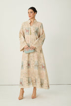 Cream Horse Patchwork Print Stand Collar Bell Sleeve Long Kaftan Dress Flowering Girl