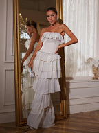 Strapless Ruched Mesh Maxi Dress In White Flowering Girl