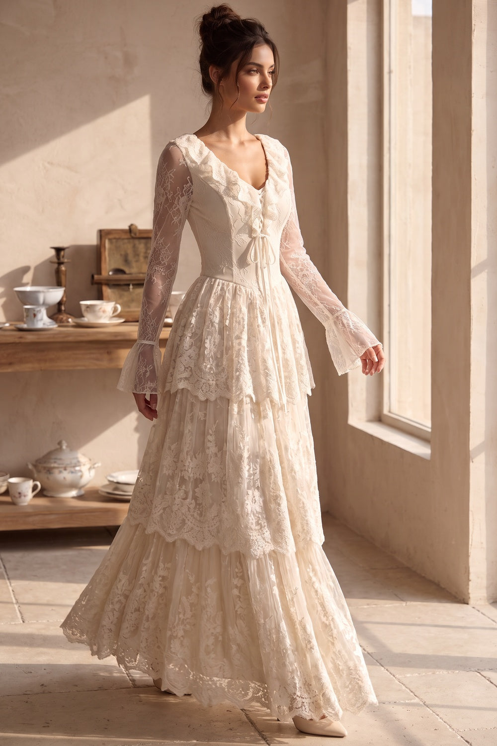 Cream Floral Lace Tiered Maxi Dress with Lace-Up Bodice Flowering Girl