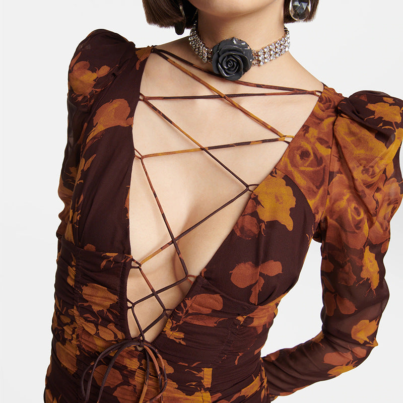 floral print hollow tulle mini dress in brown Flowering Girl