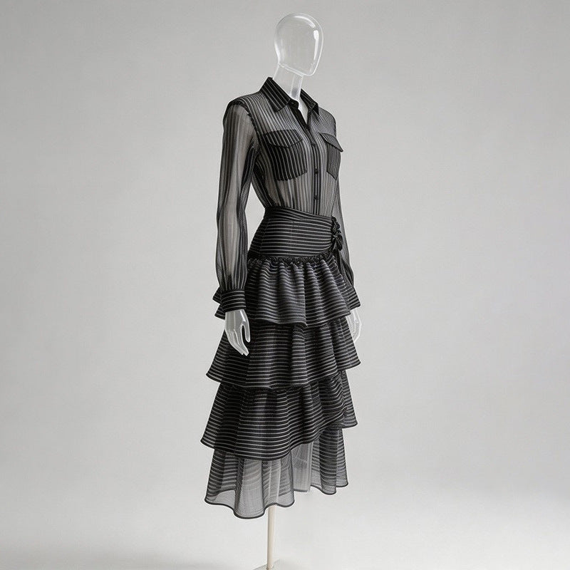 Black Sheer Organza Or Chiffon Fitted Shirt With High-Waisted Tiered Maxi Skirt Two-Piece Matching Set Flowering Girl