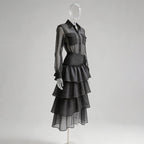 Black Sheer Organza Or Chiffon Fitted Shirt With High-Waisted Tiered Maxi Skirt Two-Piece Matching Set Flowering Girl