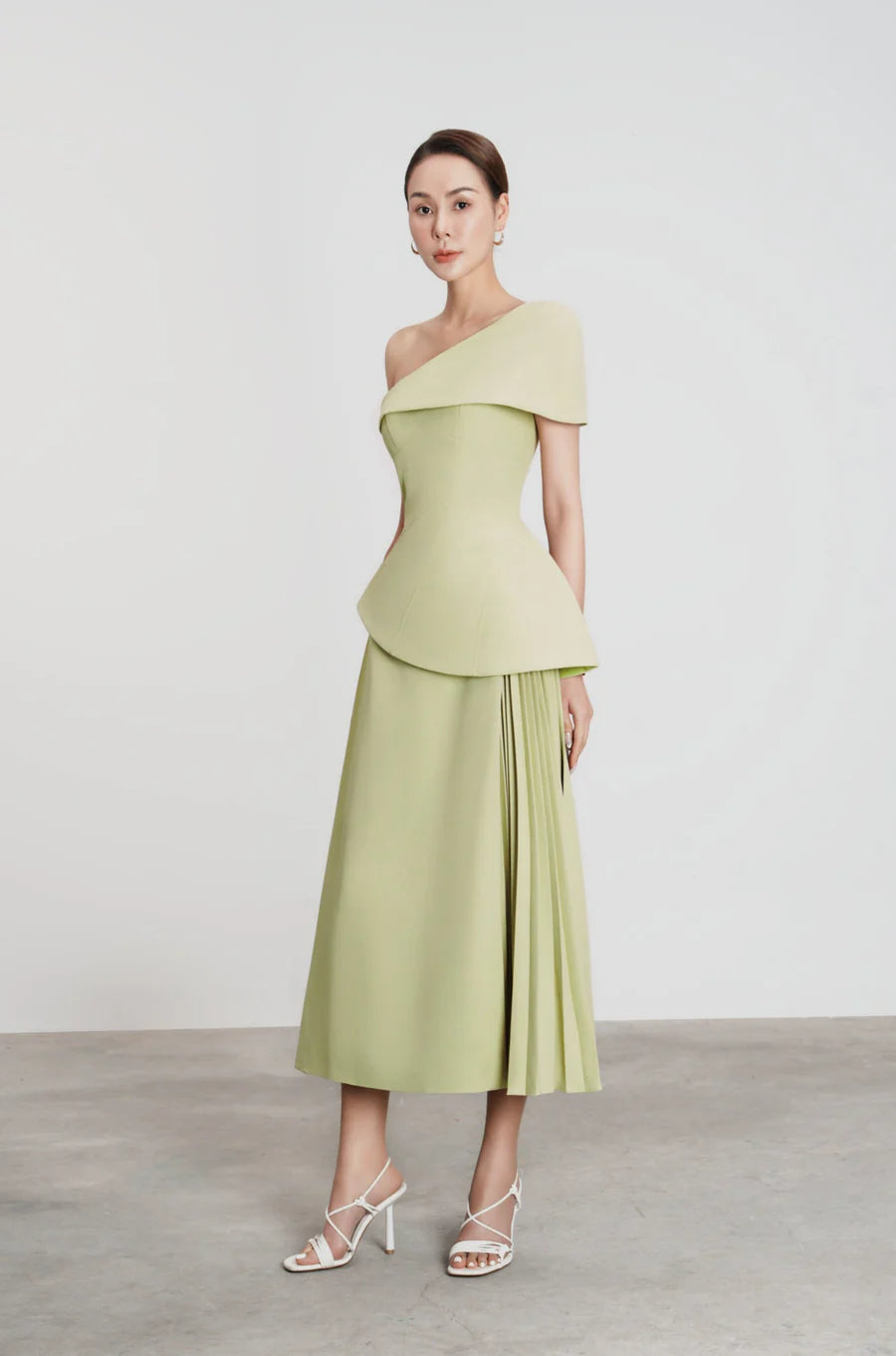 One Shoulder Top Flare Midi Skirt Suit In Olive Green Flowering Girl