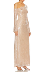 One-Shoulder Flower Embellished Sequin Maxi Dress In Apricot Flowering Girl