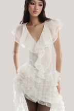 Moira Irregular Ruffled Mini Dress In White Flowering Girl