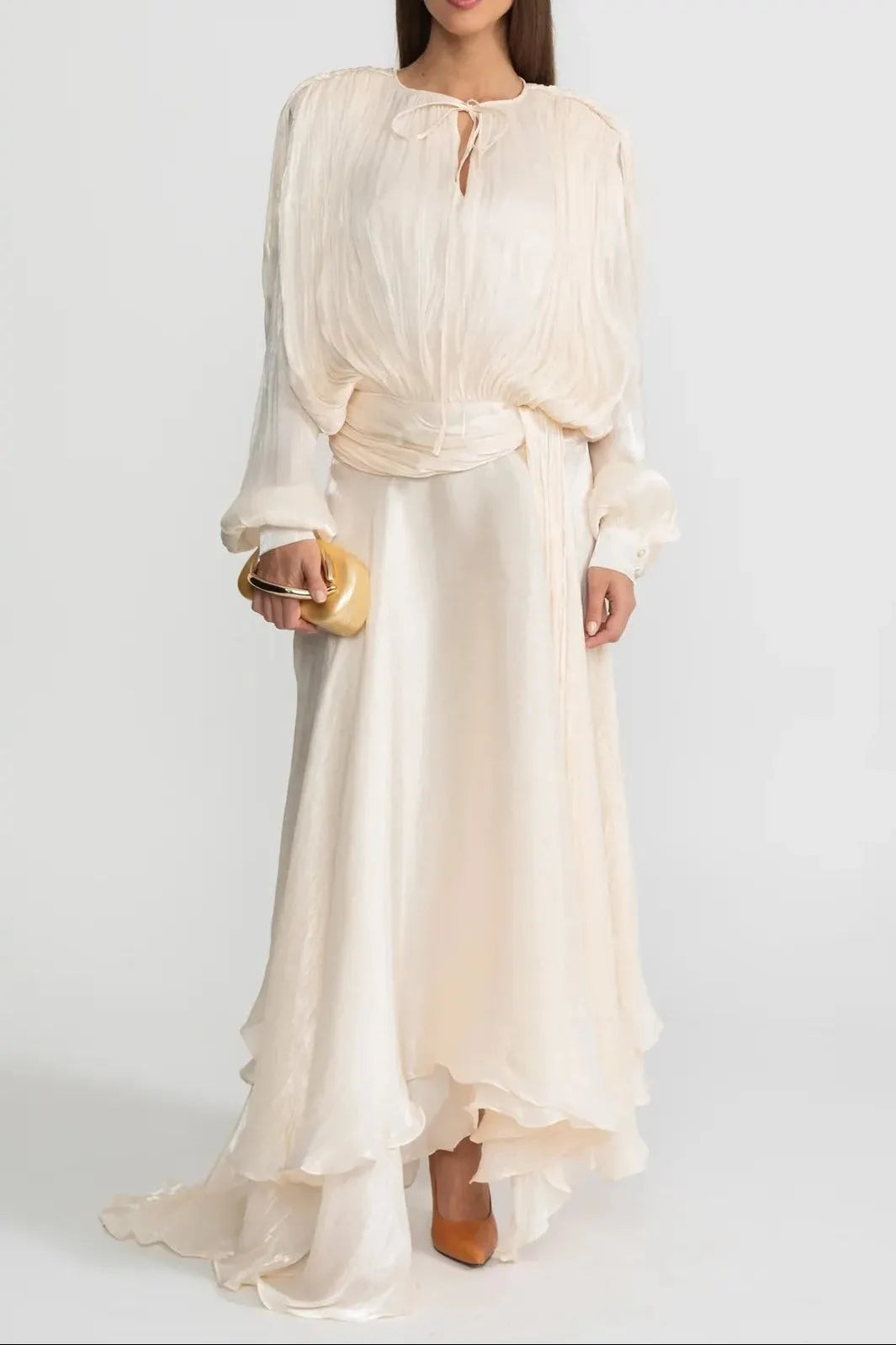 Ivory Pleated Bodice Draped Puff Sleeve Maxi Dress Flowering Girl