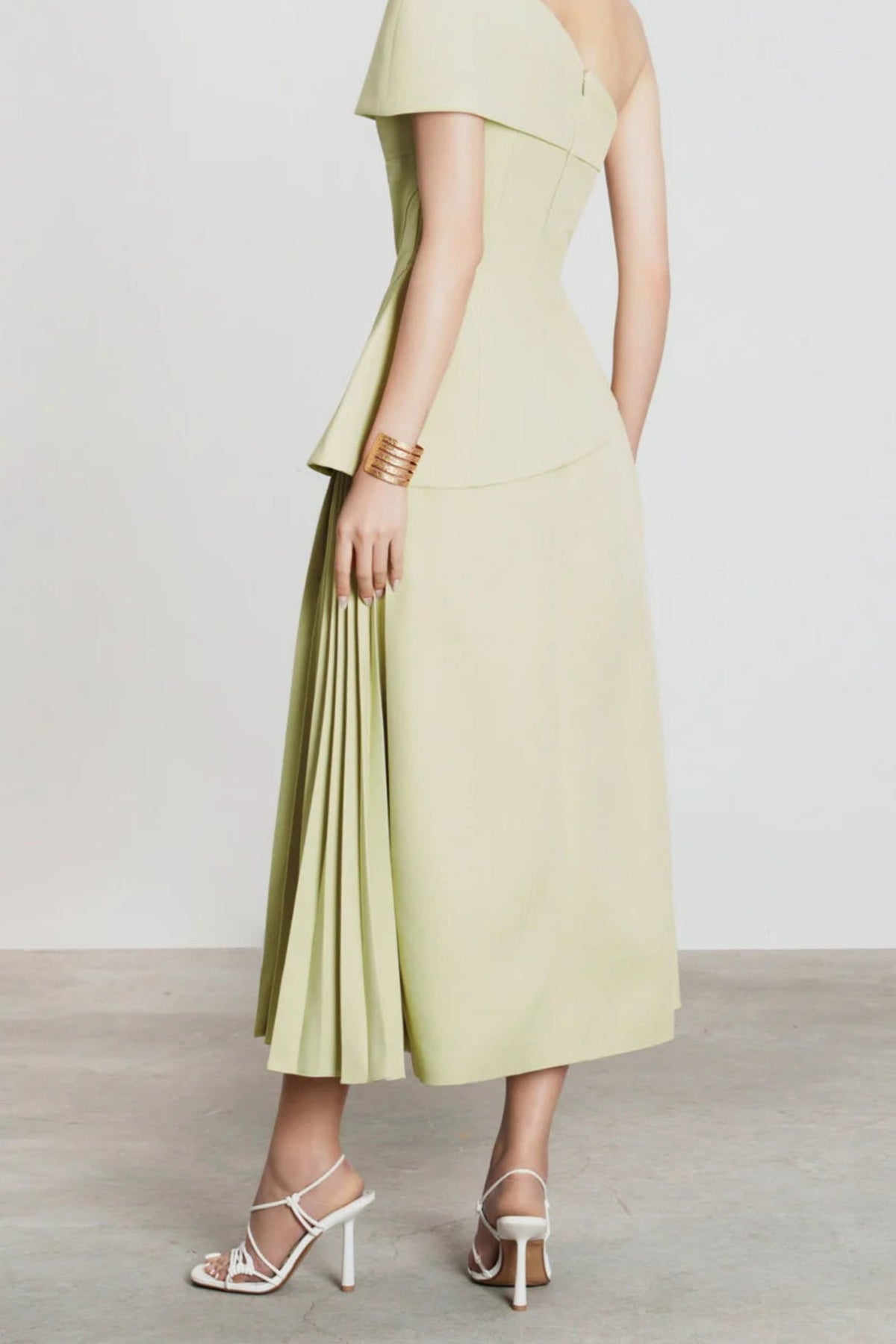 One Shoulder Top Flare Midi Skirt Suit In Olive Green Flowering Girl