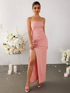 Stereo Flower Ruched Slit Hem Tube Dress Flowering Girl