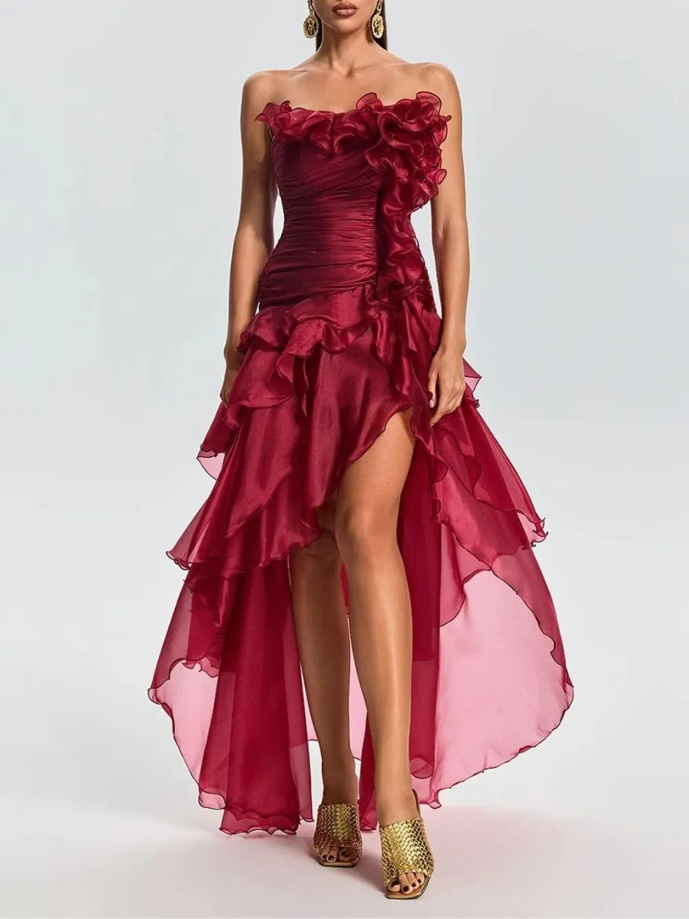 Quorvia Red Strapless Ruched Maxi Dress Flowering Girl