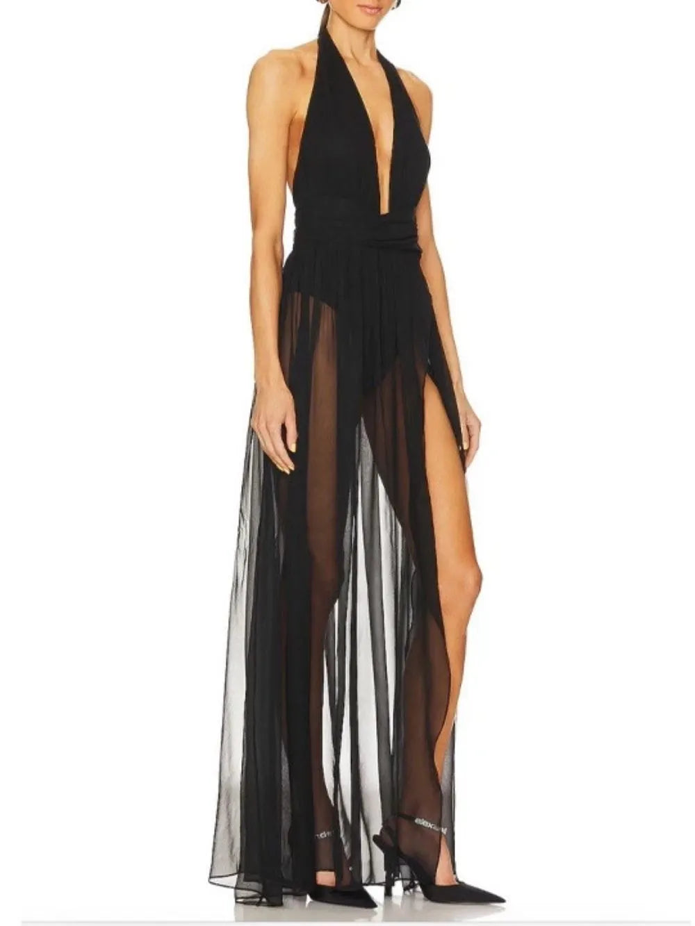 Mascara Black Halter Mesh Maxi Dress Flowering Girl