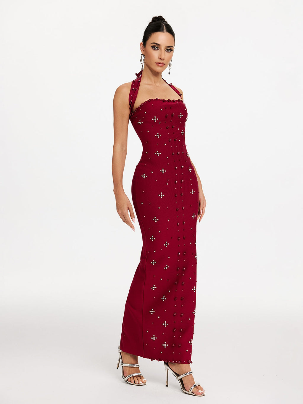 Elvira Halterneck Pearl Bandage Midi Dress In Red Flowering Girl
