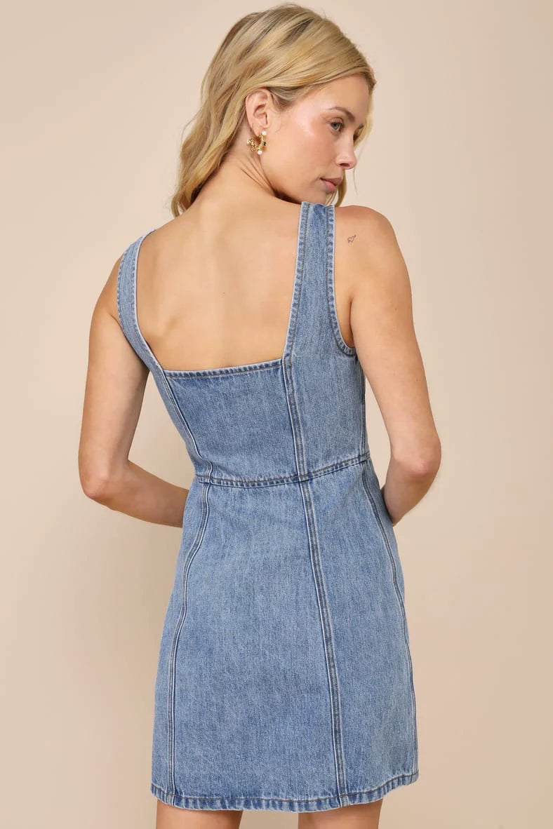 Denim Suspender Square Neck Slim Mini Dress Flowering Girl