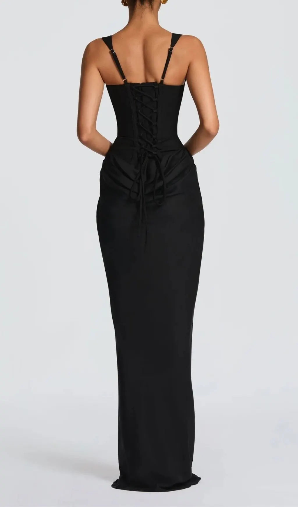 Keelia Black Strappy Corset Ruched Maxi Dress Flowering Girl