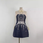 Embroidered Flower Lapel Tulle Mini Dress In Dark Blue Flowering Girl