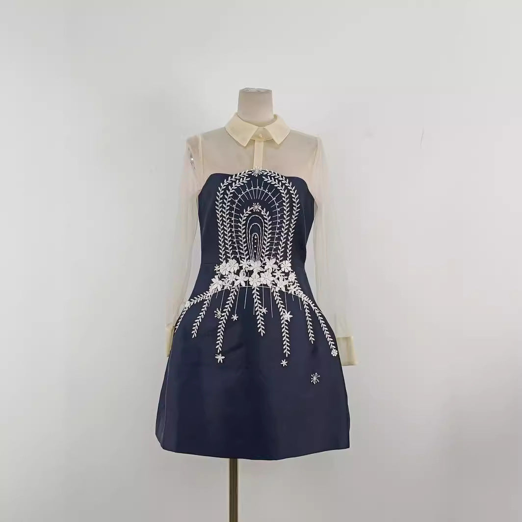 Embroidered Flower Lapel Tulle Mini Dress In Dark Blue Flowering Girl