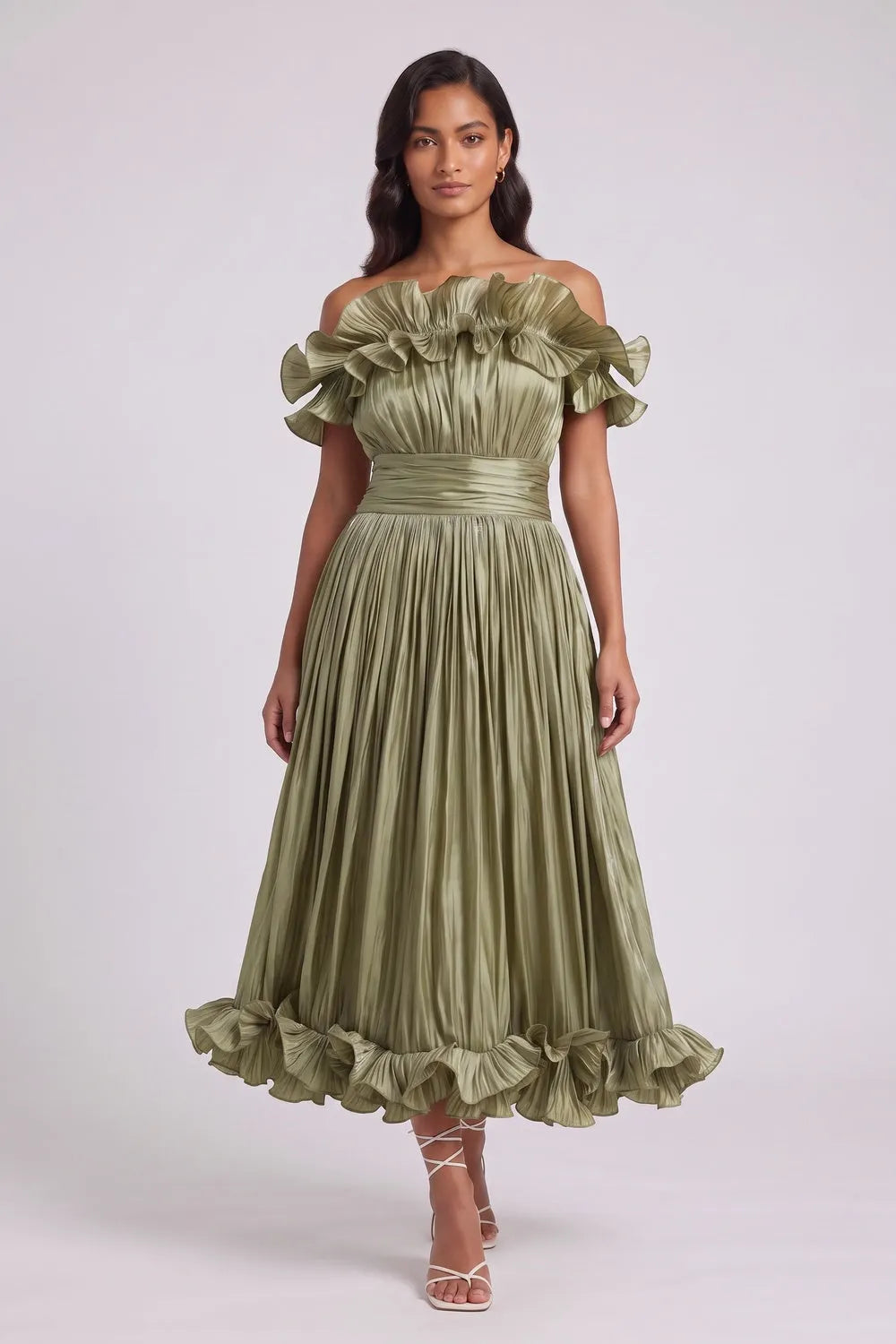 Olive Green Pleated Satin Or Taffeta Fit-And-Flare, Off-The-Shoulder Midi Dress Flowering Girl