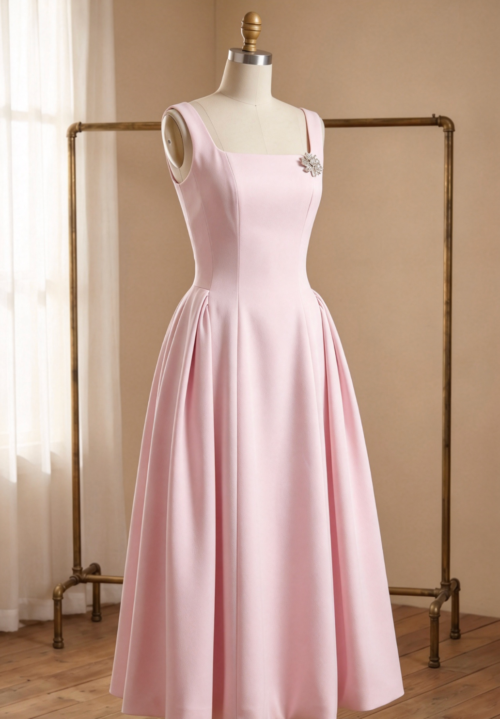Light Pink Structured Satin Fit-and-Flare Midi Dress Flowering Girl
