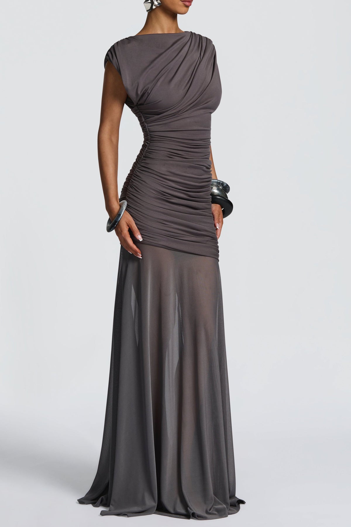 Eileen Ruched Sleeveless Maxi Dress - Charcoal Flowering Girl