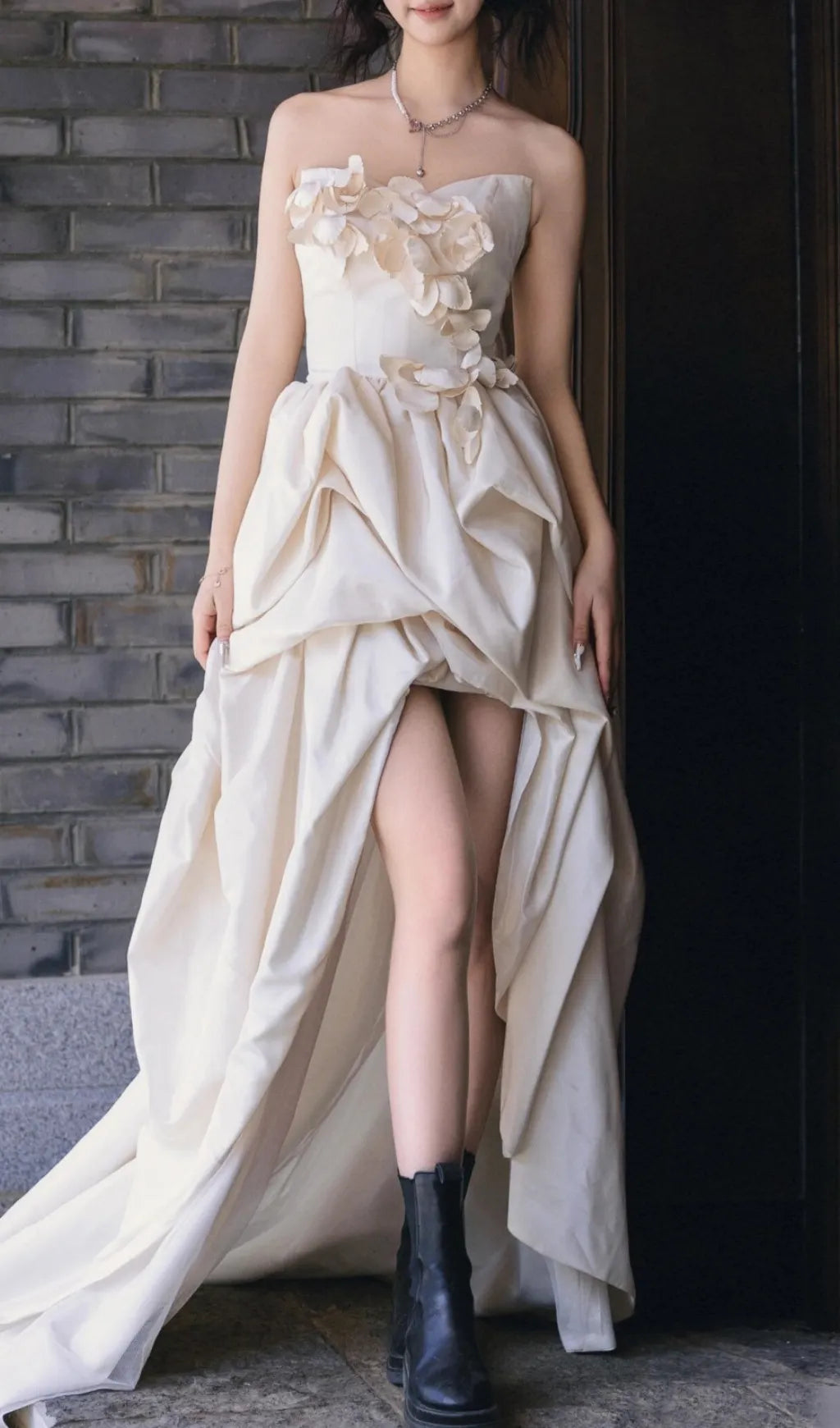 Dalal White Strapless Petal Wedding Dress Flowering Girl