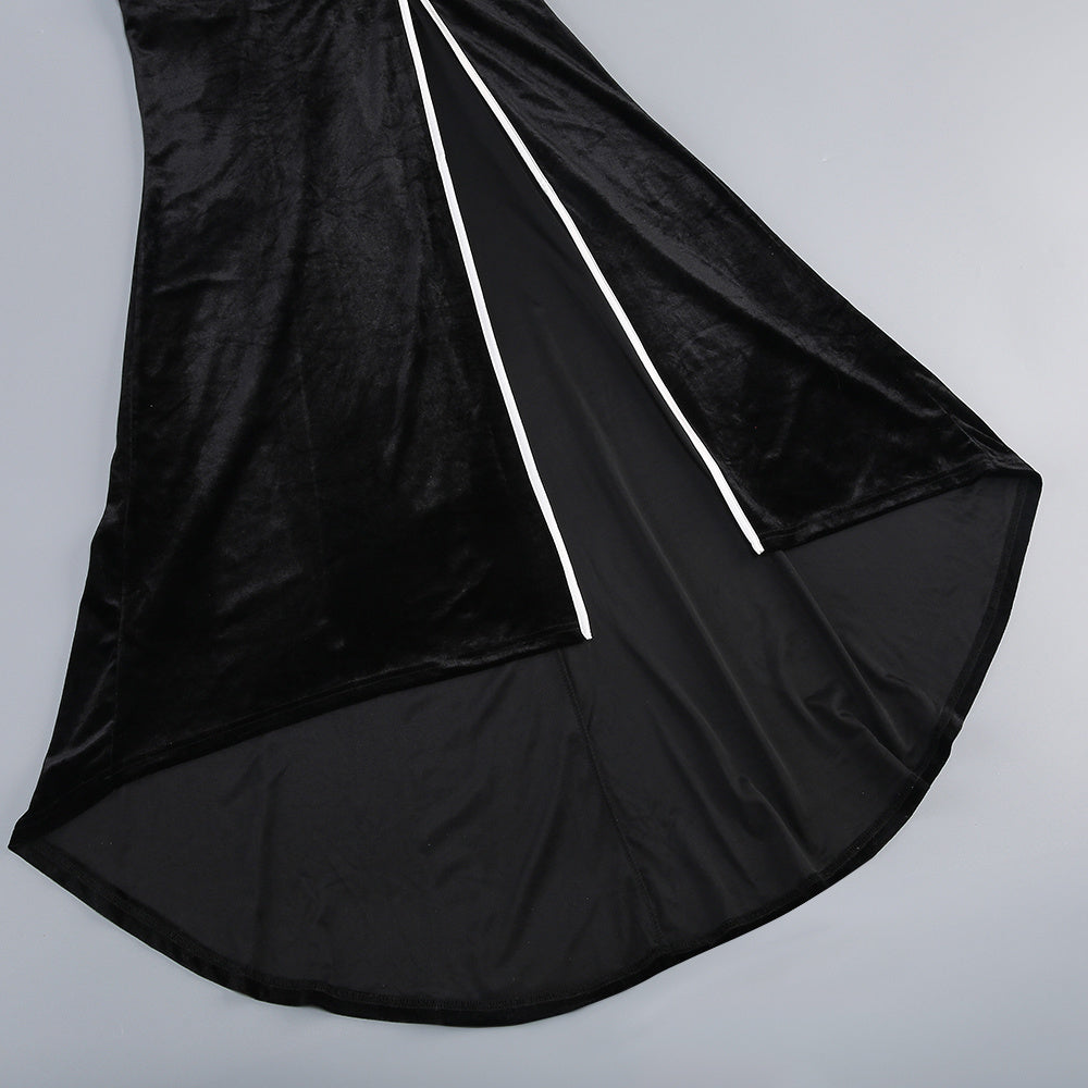 Victoria Bow Cascade Velvet Maxi Dress In Black Flowering Girl
